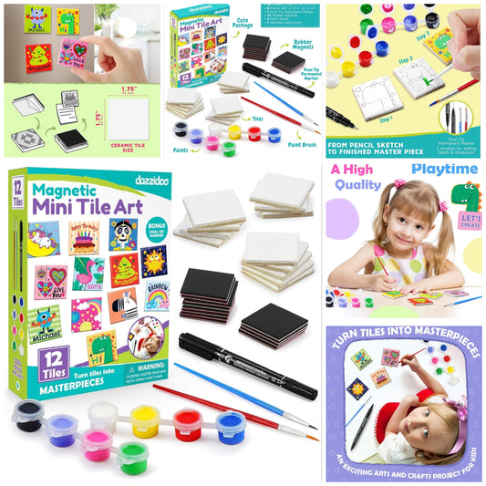 Magnetic Mini Tile Art - DIY Craft Kit; Design and Paint Magnet Tiles - Kids Paint Arts & Crafts Project; Includes 12 Tile Magnets, 8 Paint Colors, 2 Brushes and Marker; Fun Ceramic Tile Painting Kit