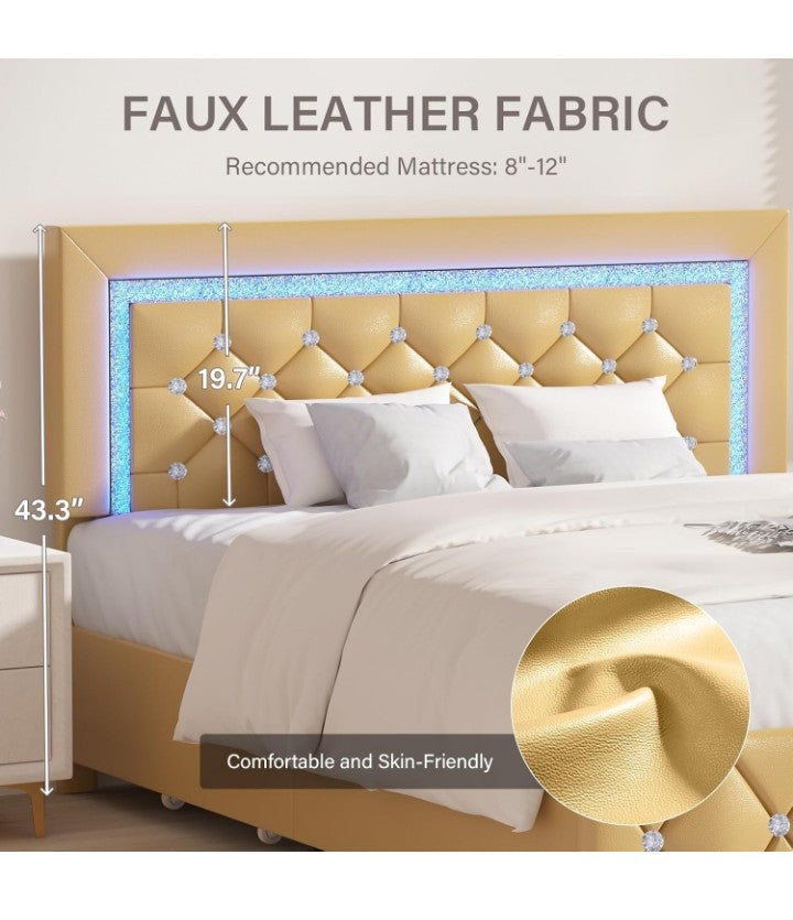 Full Size Bed Frame with LED Lights, Upholstered Bed Frame with Storage Drawers, Princess Platform Bed with Diamond Headboard and Footboard, No Box Spring Needed,