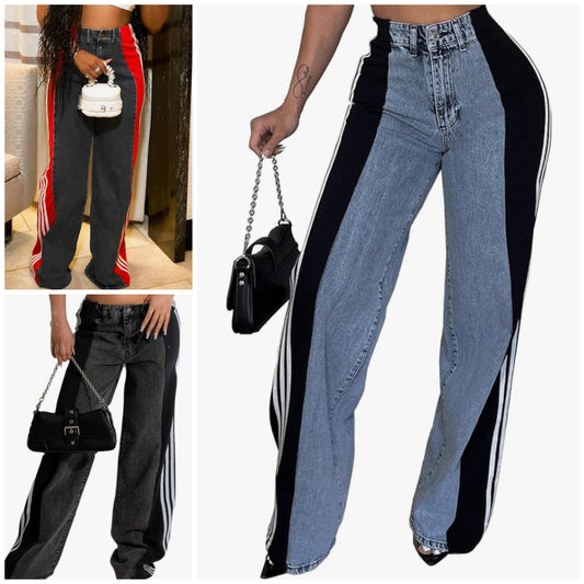 Jeans with Patchwork Stripes High Waist Loose Denim Color Block Jean Straight Wide Leg Pants