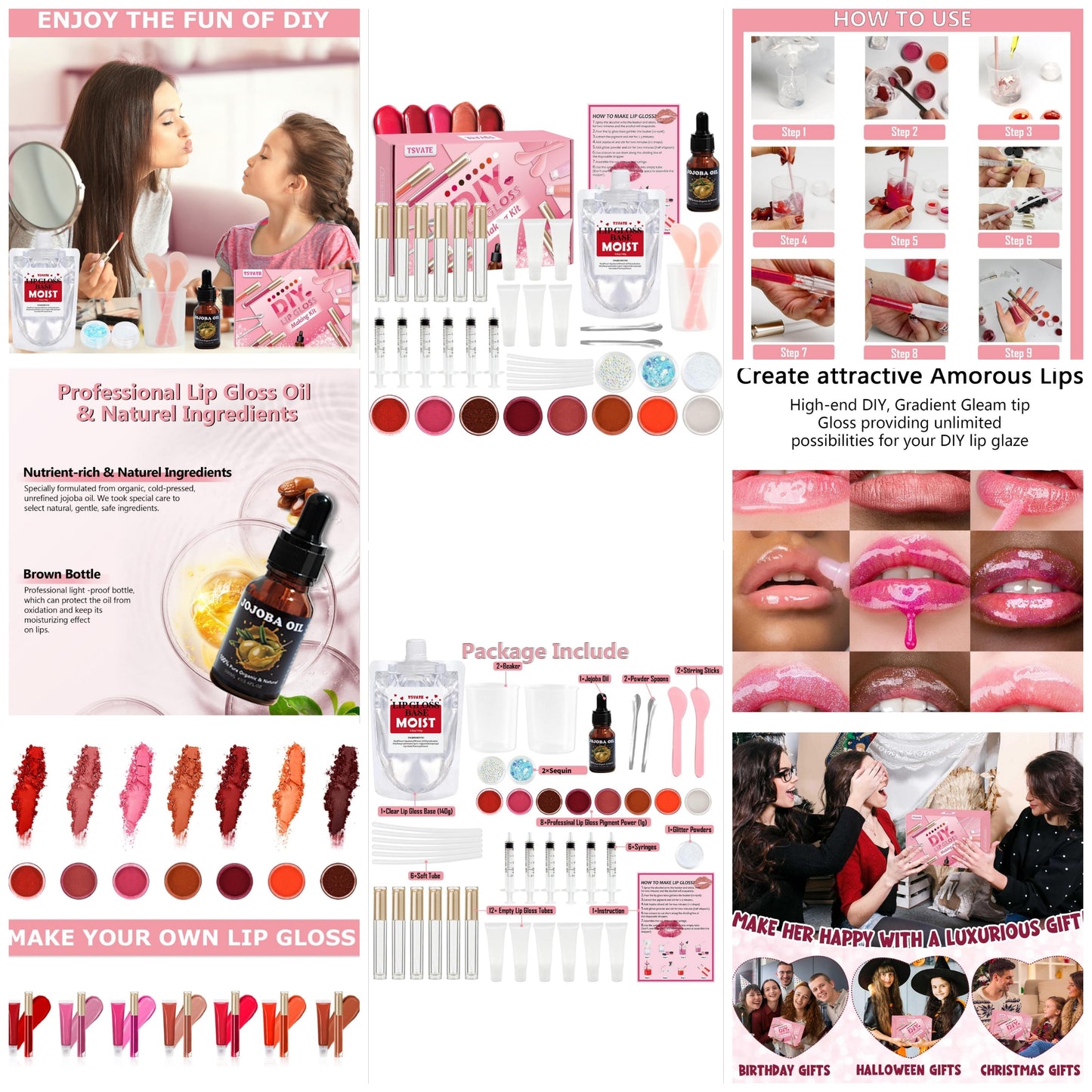 Lip Gloss Making Kit, TSVATE Lip Gloss Kit, Diy Lip Gloss Making Kit, Fun Make Your Own Lipgloss Kids Lip Gloss for Girls, Women, Moisturizing Lip Gloss Base, Jojoba Oil, Lip Gloss Tubes, Gift for Her