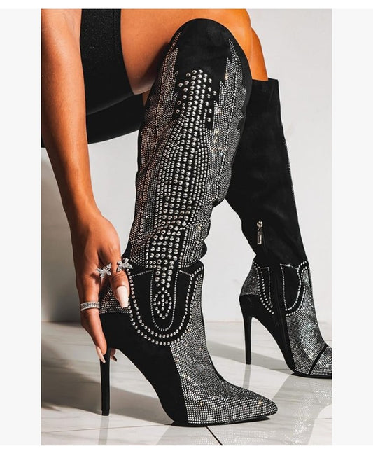 Knee High Cowboy Boots Women Western Wide Calf Rhinestone Cowgirl Boots for Women with Stiletto Heels Fashion Dress Boots for Women