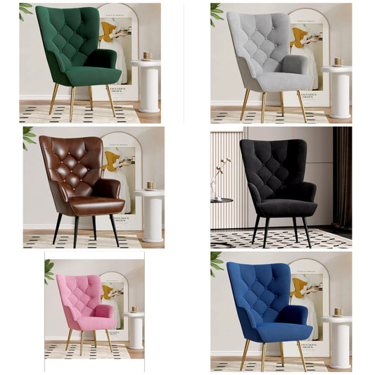 Mid Century Modern Accent Chair, Velvet Upholstered Armchair with Metal Legs, Tufted Button Wingback Side Chair, High Back Reading Chair for Living Room Bedroom