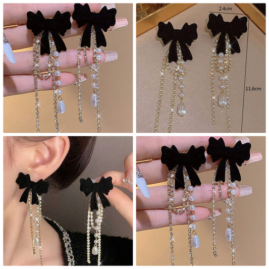1 Pair Black Velvet Bow Knot Earrings, Sweet & Elegant Long Tassel Drop Earrings For Women, Suitable For Autumn/Winter Valentines,Mom,Mother,Mother's Day,Gift COCOMONEY
