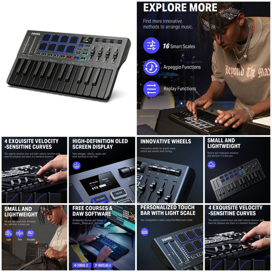 Donner MIDI Keyboard Controller 25 Mini Key Portable USB-C MIDI Keyboard DJ Equipment Playing Music With 8 Drum Pads, OLED Display, Personalized Touch Bar, Music Production Software DMK25 Pro,Chess Set,Georgie It,Expandable Baton