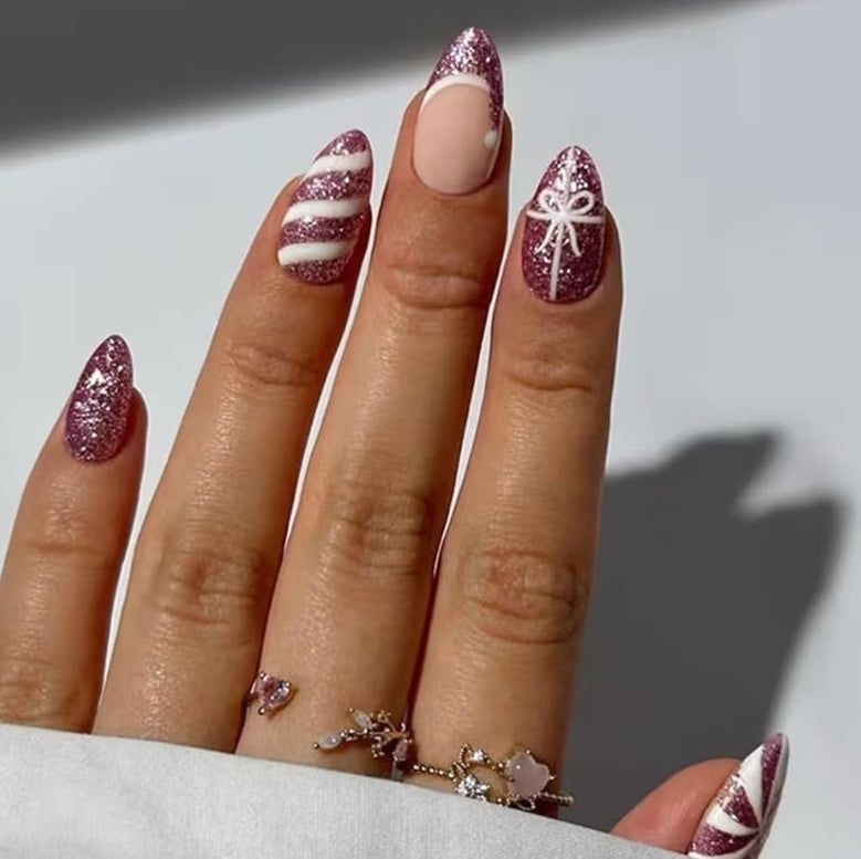 6 Packs (144 Pcs) Christmas Press on Nails Medium Almond Fake Nails Winter Xmas False Nails with Designs Snowflake Glue on Nails Full Cover Glossy Acrylic Stick on Nail for Women Girls Manicure