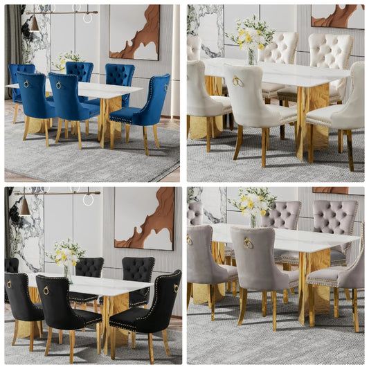 Dining Table Set for 6, White Imitation Marble Glass Desktop with Golden-Plated Base, 71'' Kitchen Table and Upholstered Dining Chairs (1 Table with 6 Blue Velvet Dining Chairs)