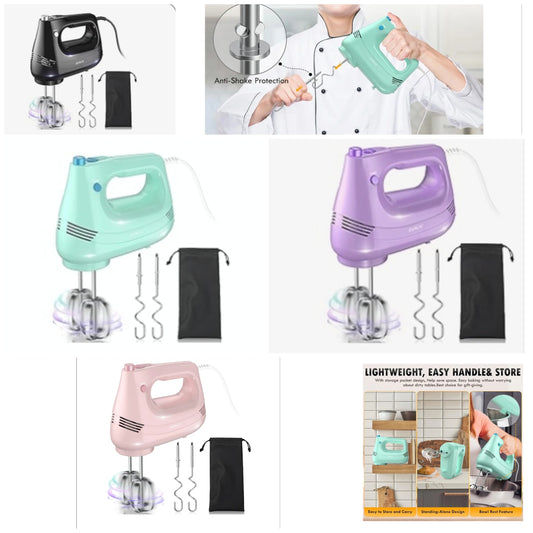 Electric Hand Mixer with Stainless Steel Whisk, Dough Hook Attachment and Storage Bag, Handheld Mixer for Baking Cakes, Eggs, Cream Food Mixers. Turbo Boost /5 Speed Kitchen Blender
