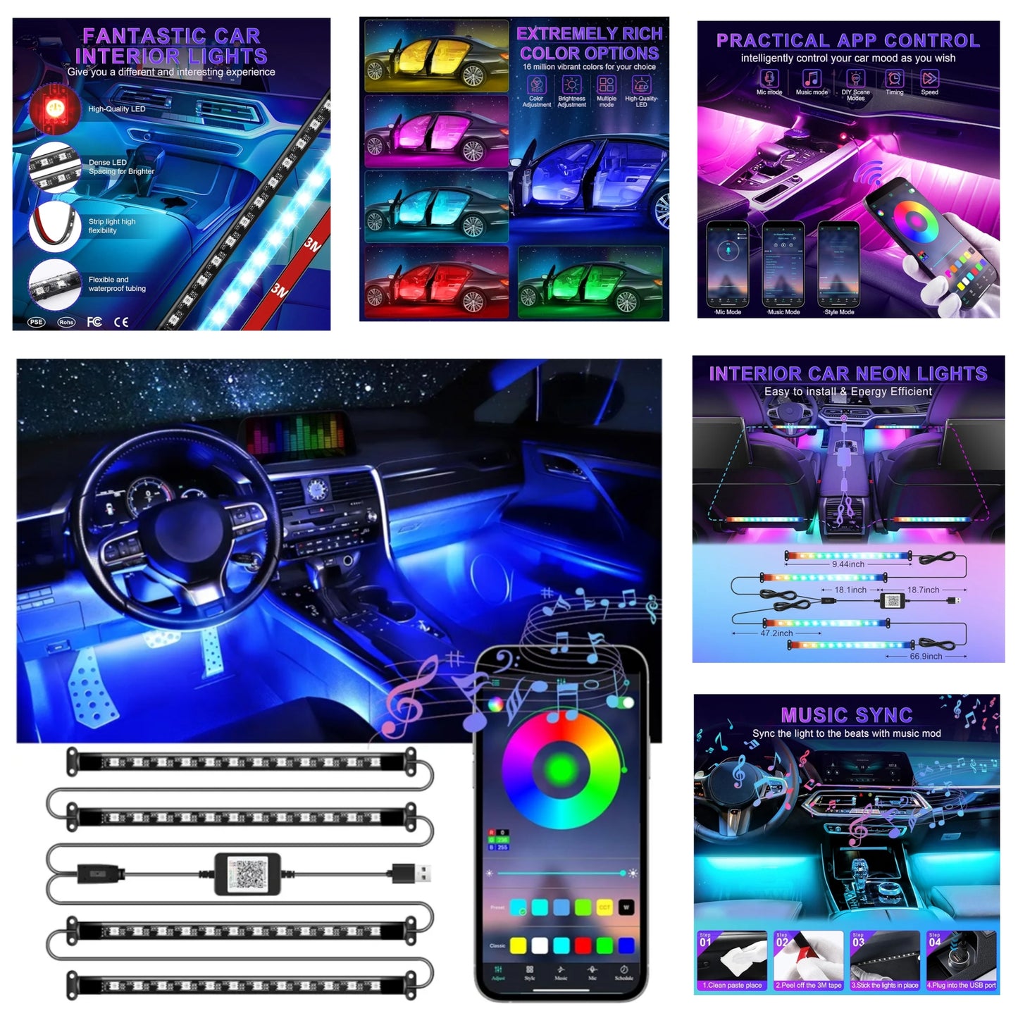 Accent Interior Car Lights, Smart Car Interior Lights with App Control, RGB LED Lights with Music Mode and DIY Mode, 2 Lines Design LED Lights for Cars with Charger, Car Accessories