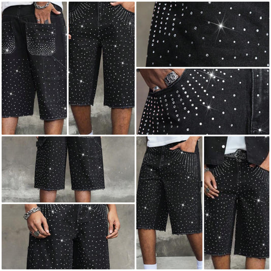 Fashion Rhinestone Embellished Denim Shorts COCOMONEY