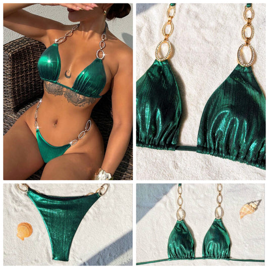 Sexy Bathing Suit with circular hardware COCOMONEY green
