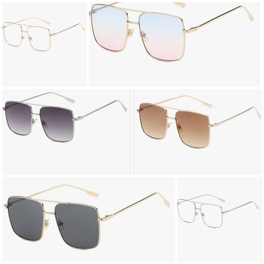 Trendy Oversized Square Sunglasses for Women Men Double Bridge Metal Frame Flat Mirrored Lens