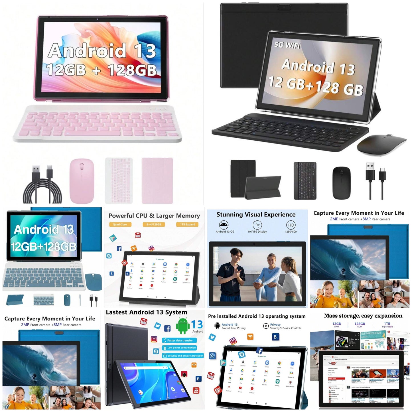 Newest Android 13 Tablet, 10 Inch 12GB RAM+128GB ROM/ 1TB Expand Tablet PC, 2 In 1 Tablets With Keyboard/ Mouce/ Case/ Stylus, Quad-Core 2.0Ghz Processor, 5G WiFi 6 BT 5.0, 1280*800 IPS HD Tablet
