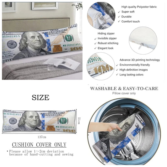 Money Body Pillow Cover 100 Dollar Bill USA Money Funny Hundred Dollar Long Pillow Case Protector with Zipper Decorative Soft Large Pillow Cases Covers Cushoned for Bed,Couch,Sofa,Home Gift 20"x54"