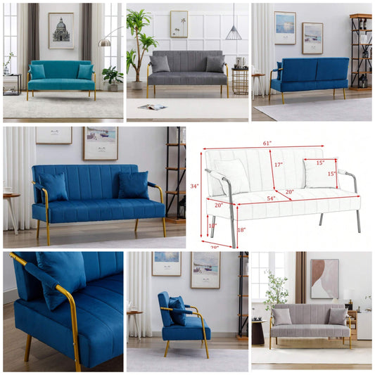 61" Stylish Loveseat Sofa,Velvet Upholstered 2-Seater Small Sofa Couch With Electroplated Gold Armrest For Small Space,Living Room,Bendroom,Apartments