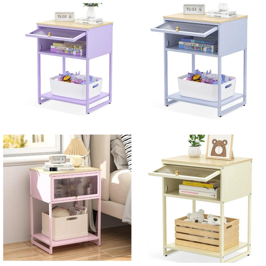 Nightstand,End Table with Storage Drawer,Bedside Table with Open Storage Shelf,Metal Side Table,Durable Wood Top Side Table for Bedroom,Living Room,Dorm,Guest Bedroom,