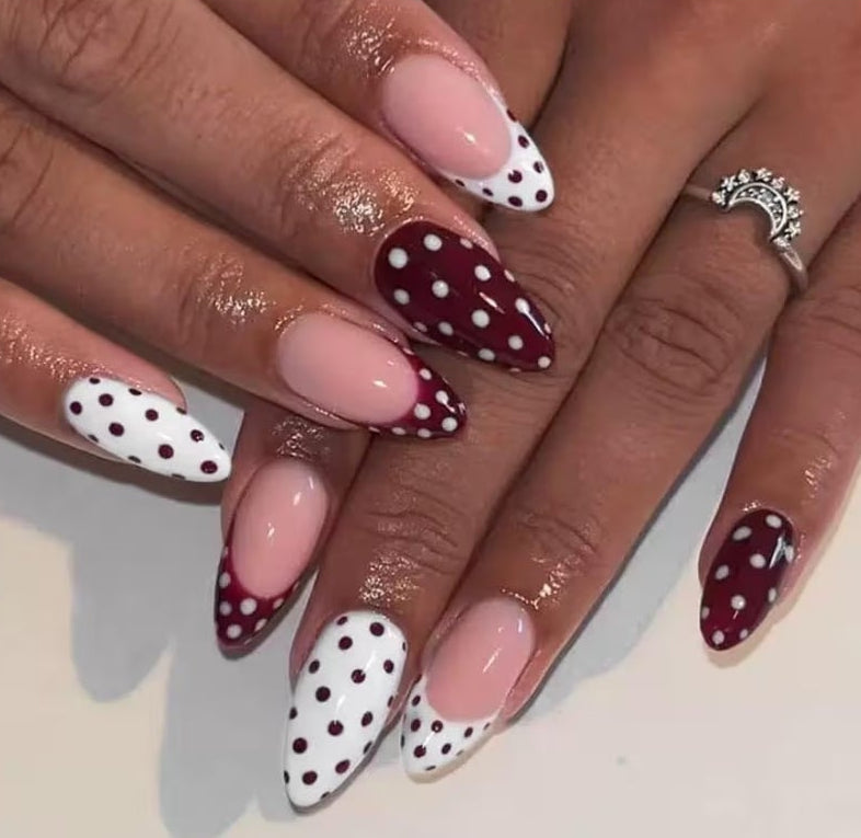 6 Packs (144 Pcs) Press on Nails Medium Almond Fake Nails with Designs Polka Dot Glue on Nails Cute False Nails Full Cover Glossy Acrylic Stick on Nail for Women Girls Manicure
