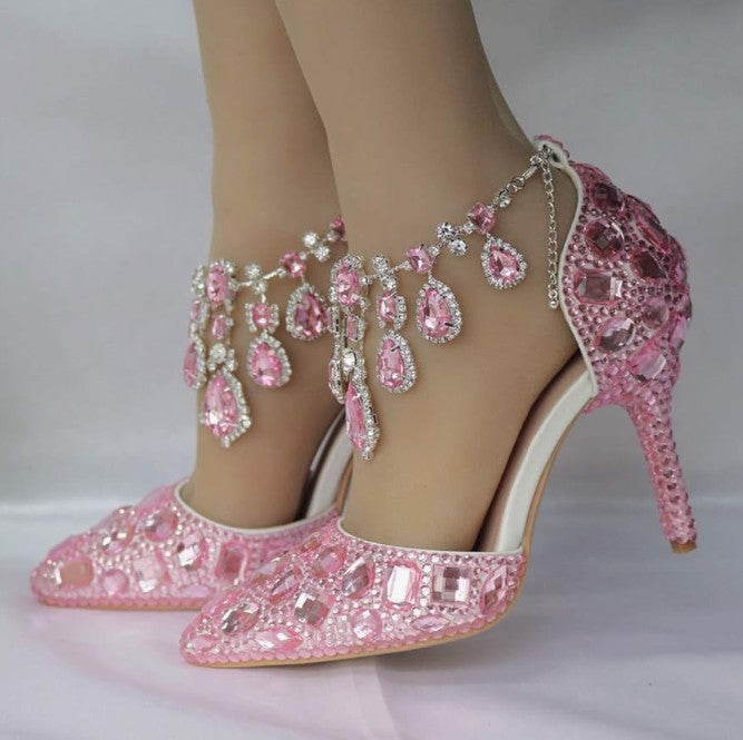 Womens Rhinestone Wedding Shoes Party Pumps with Ankle Chains