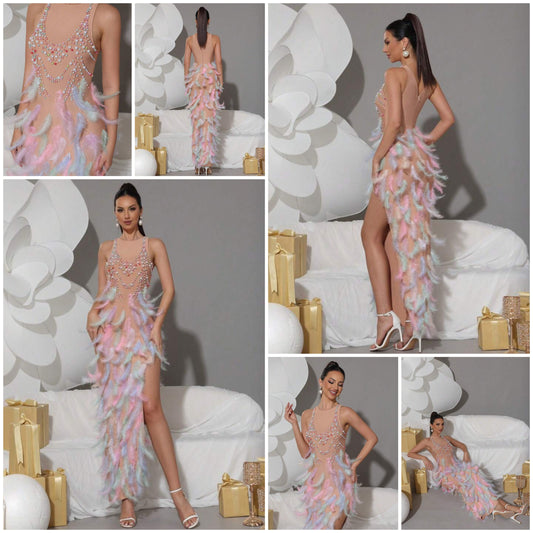 Colorful Feather Rhinestone Elastic Bodycon Maxi Dress, Sexy Slit Evening Gown For Stage Performance And Formal Events COCOMONEY