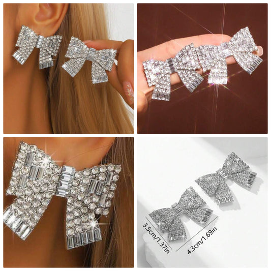 1pair Exaggerated Sparkling Bowknot Earrings COCOMONEY, Party Style, Gift Idea Valentines,Mom,Mother,Mother's Day,Gift