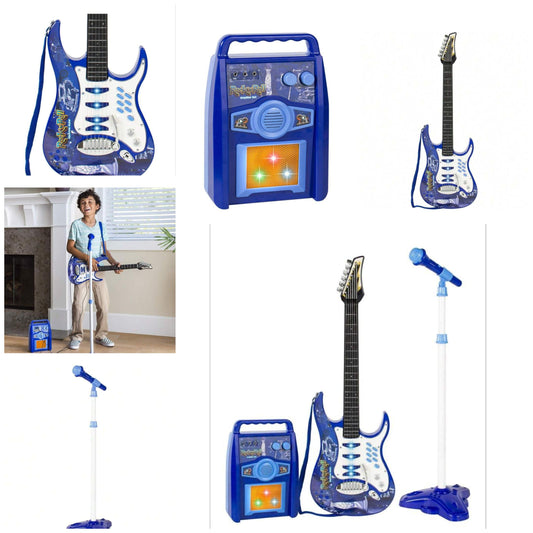 Electric Musical Guitar Play Set, Toy Guitar Starter Kit Bundle W/ 6 Demo Songs, Whammy Bar, Microphone, Amp, AUX, 2 Sticker Sheets - Blue