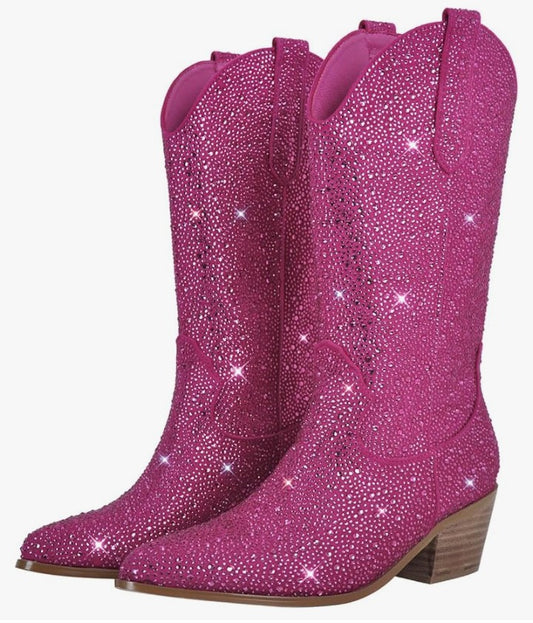 Sparkly Rhinestones Cowboy Cowgirl Style Boots Calf High Boots for Women 2INCH Heeled Shining