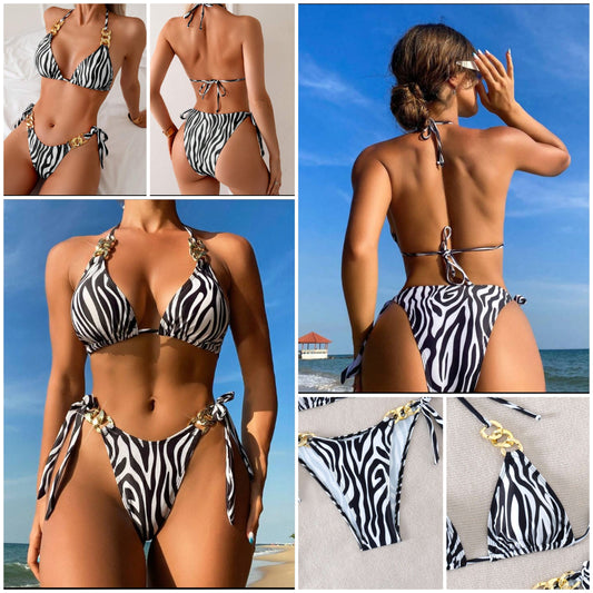 Zebra Print Halter Tied Sexy Bikini Swimwear Set COCOMONEY