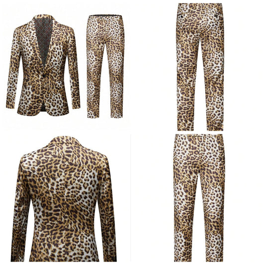 Mens 2 Piece Suit Tuxedo Slim Fit Notched Lapel Stylish Blazer Leopard Print Sports Coat Stylish Dress Jacket Pants Set For Parties COCOMONEY