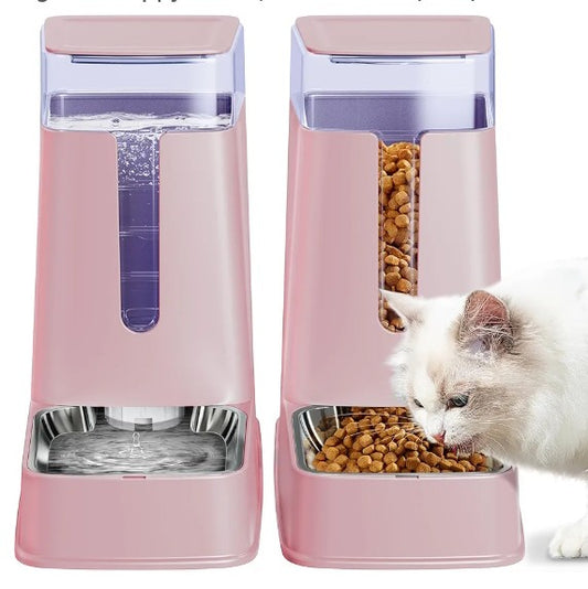 Automatic Pet Feeder and Pet Water Dispenser Set with Stainless Steel Bowls Gravity Dog Feeder for Small Medium Big Dog Pets Puppy Kitten, 1 Gallon x 2 (Pink)