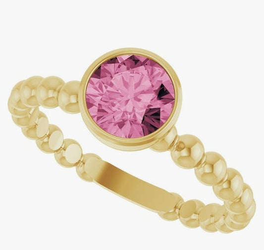 COCOMONEY 14k Yellow Gold Bezel-Set Pink Tourmaline Family Stackable Beaded Fashion Ring Fine Jewelry For Women Gifts For Her, Size 7