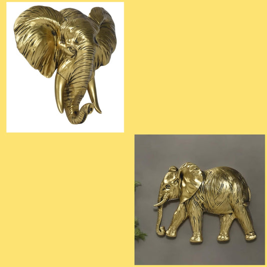 2 Elephant Wall Art Gold Decor Sculptures