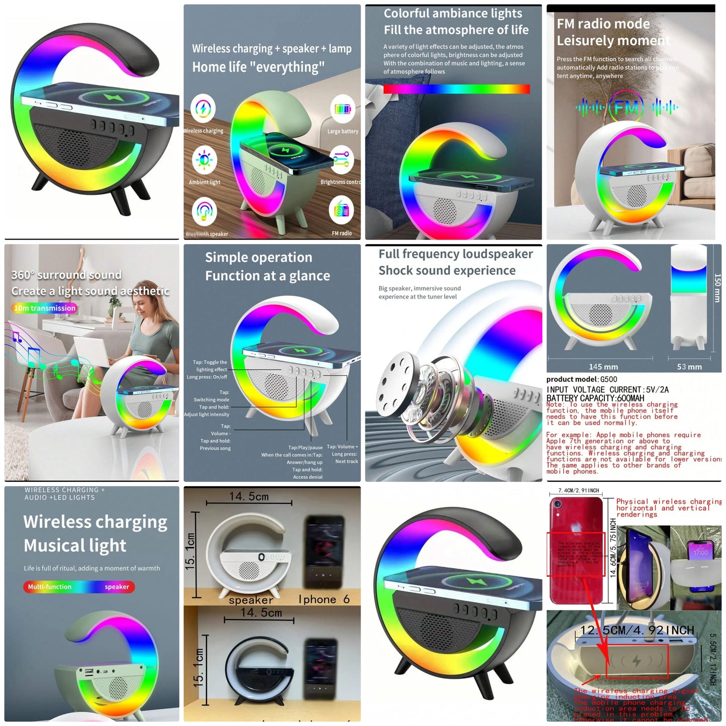 3-In-1 Wireless Charger, Atmosphere Lamp & Bluetooth Speaker - Bluetooth Speaker With Multiple LED RGB Ambient Lighting Modes, Support TF Card, U Disk, Radio