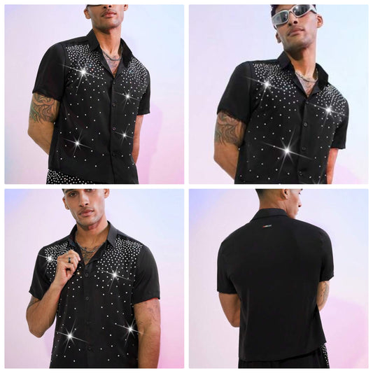 Men's Rhinestone Embellished Loose Fit Front Button Short Sleeve Casual Shirt COCOMONEY