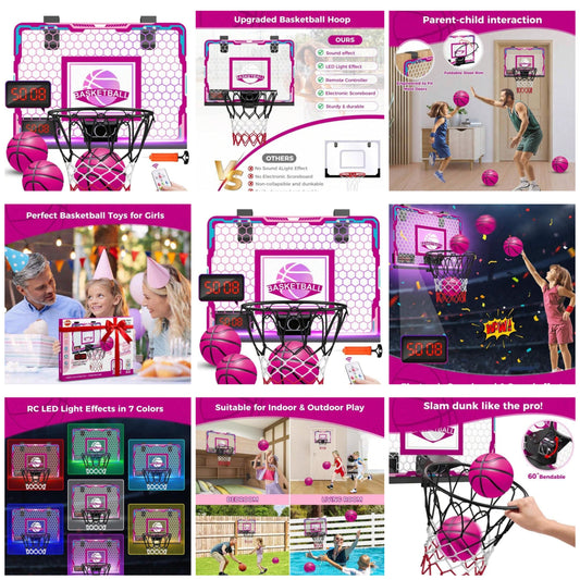 Basketball Hoop For Girls Indoor, Pink Basketball Hoop With Electronic Scoreboard & Remote Controller, Mini LED Basketball Hoop Set Toys Birthday Gifts For 3 and up Years Old Girls Kids Teens