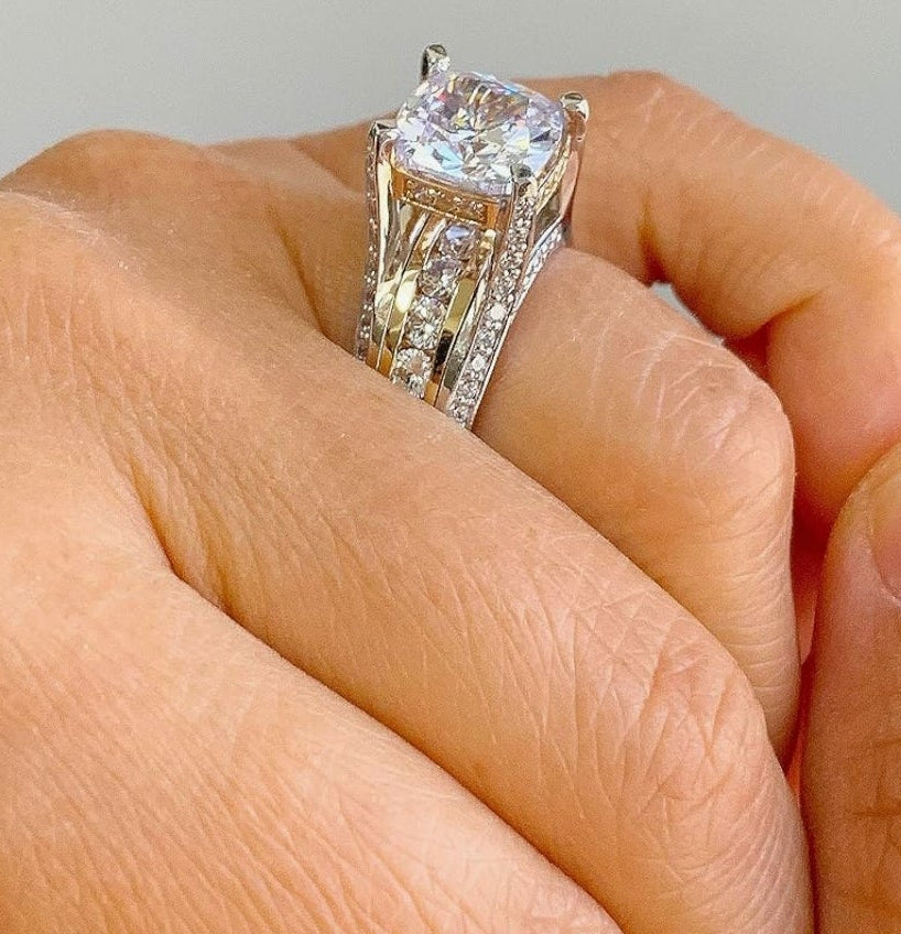 AMAZING 14K Solid And Heavy White and Yellow Gold Cushion and Round Cut Simulated Diamonds Engagement Ring Wedding Bridal Set 6.50ctw