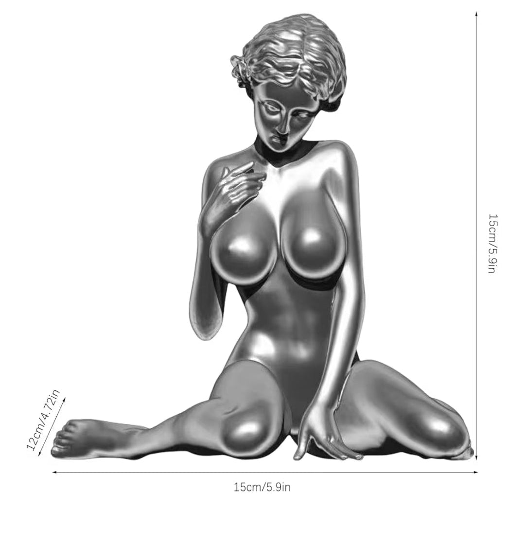 Nude Female Statue, Big Chest Busty Female Girl Statue, Kneeling Female Sculpture, Copper Body Girl, Silver Resin Crafts Decor, Sexy Body Sculpture Figurines, for Home Office Art Decoration, Silver