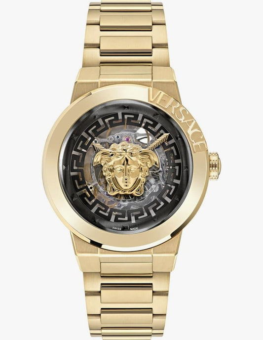 Versace Medusa Infinite Collection Luxury Womens Watch Timepiece with a Gold Bracelet Featuring a Gold Case and Black Dial