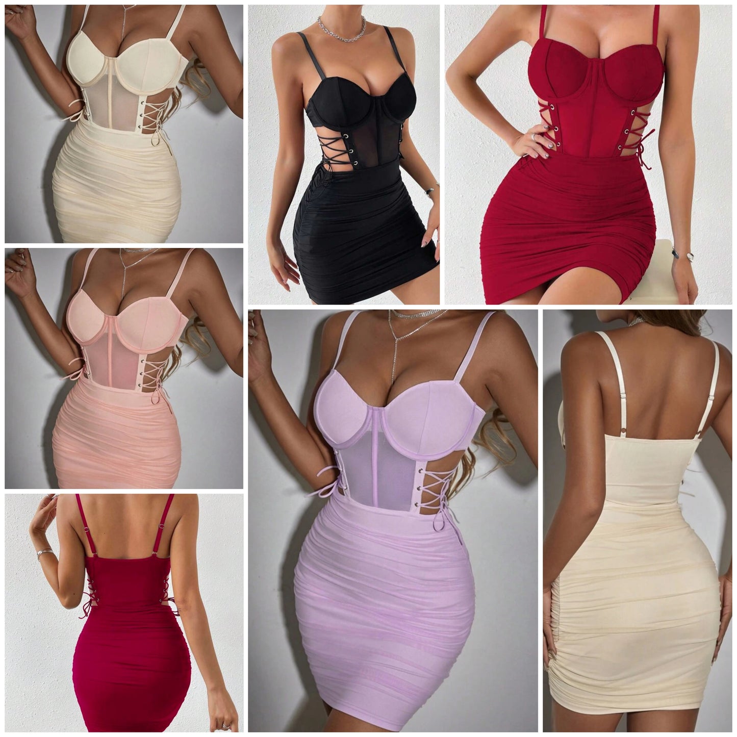 Cocomoney Cross Tied Hollow Out Mesh Splicing Cami Dress