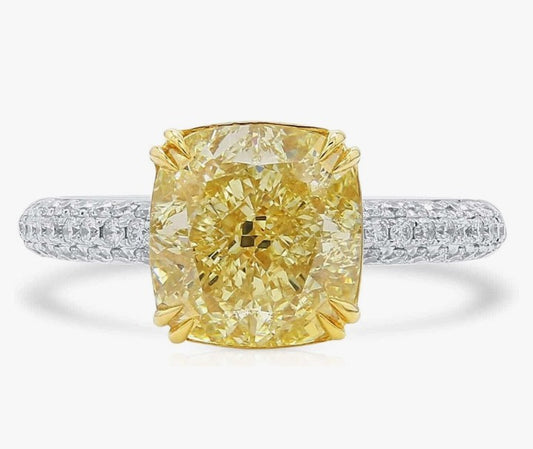 COCOMONEY GIA Certified 4.02 Carat Cushion Fancy Light Yellow Color Diamond Set In 18k White & Yellow Gold Ring (FANCY LIGHT YELLOW-SI1) Adjustable and Resizable