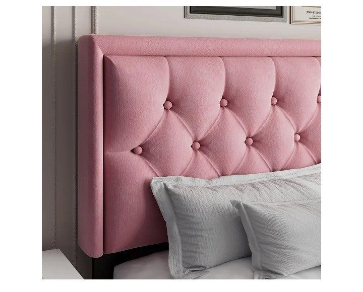 Bed Frame with Linen Button Tufted Headboard, Modern Upholstered Platform Bed, Mattress Foundation, Easy Assembly, No Box Spring Needed,