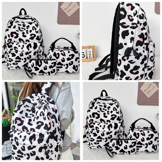 3pcs Cocomoney Leopard Print Pink 3pcs/Set Combination Backpack With Lunch Bag And Pencil Bag, Fashionable Large Capacity Outdoor Travel Backpacks, Cute College Style Back To School Commuter Laptop Bookbag For Middle And High School Students
