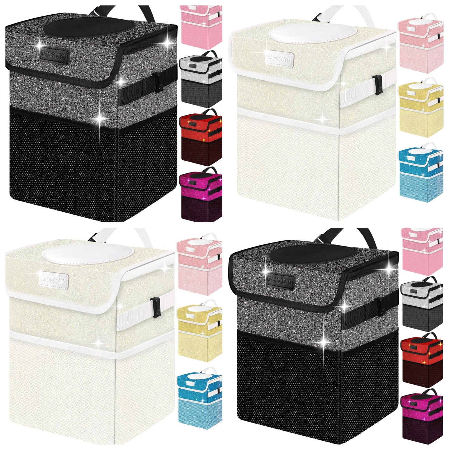 Cute Mini Car Trash Bag with Lid, Glitter Garbage Can Bin Hanging for Back/Front Seat/Console, Waterproof, Leakproof, 2.5 Gallon, Bling Sparkly