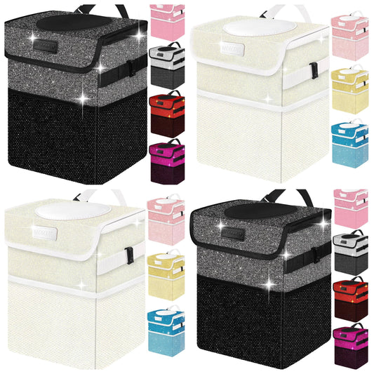 Cute Mini Car Trash Bag with Lid, Glitter Garbage Can Bin Hanging for Back/Front Seat/Console, Waterproof, Leakproof, 2.5 Gallon, Bling Sparkly