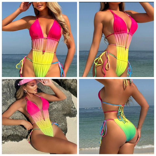 1pc Women's Ombre Print Knot Front Tie Drawstring One-Piece Bikini, Sexy COCOMONEY
