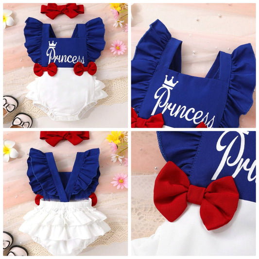 Elegant, Cute Baby Girl Soft & Comfortable Crown Letter Print Bow Decor Layered Ruffle Trim Casual Dress With Headband, Suitable For Summer, Daily, Vacation And Party
