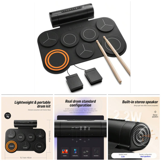 Electronic Drum Set 7 Pads Electric Drum Pad Roll Up Quiet Practice Drum Pad Built-In Speaker, 40 Drum Lessons Included, Supports Headphone Noise Reduction Practice At Home Lightweight Portable Holiday Christmas Birthday Gift Instrument