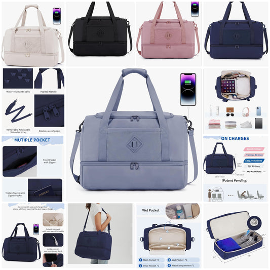 18x14x8 Personal Item Bag with USB Charging Port, Travel Duffel Bag with Wet Pocket & Shoe Compartment, Weekender Carry On Luggage for Women Men