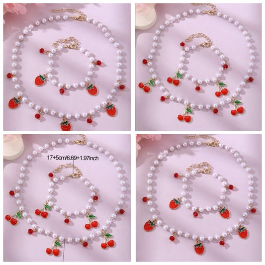 2pcs/Set Girls Strawberry Cherry Fruit Pearl Beaded Necklace And Bracelet Set abs