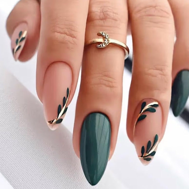 6 Packs (144 Pcs) Press on Nails Medium Almond Fake Nails French Tip False Nails with Designs Leaf Glue on Nail Full Cover Glossy Acrylic Stick on Nail for Women Manicure