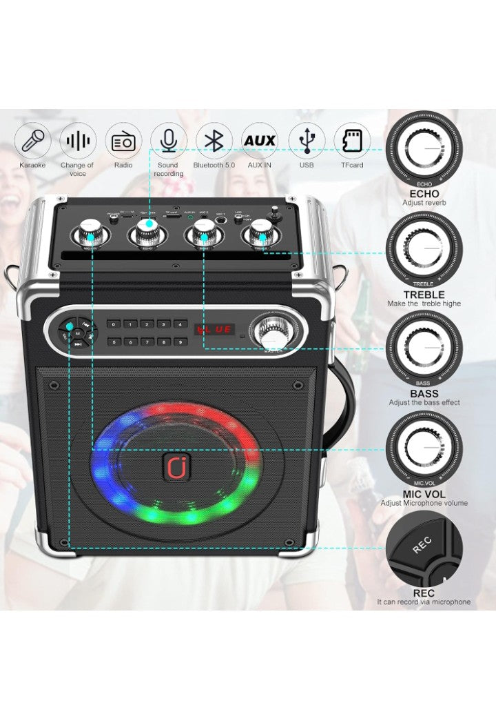 JYX Karaoke Machine with Two Wireless Microphones, Portable Bluetooth Speaker with Bass/Treble Adjustment, PA System with Remote Control, LED Lights,Supports TF Card/USB, AUX IN, FM, REC,TWS for Party