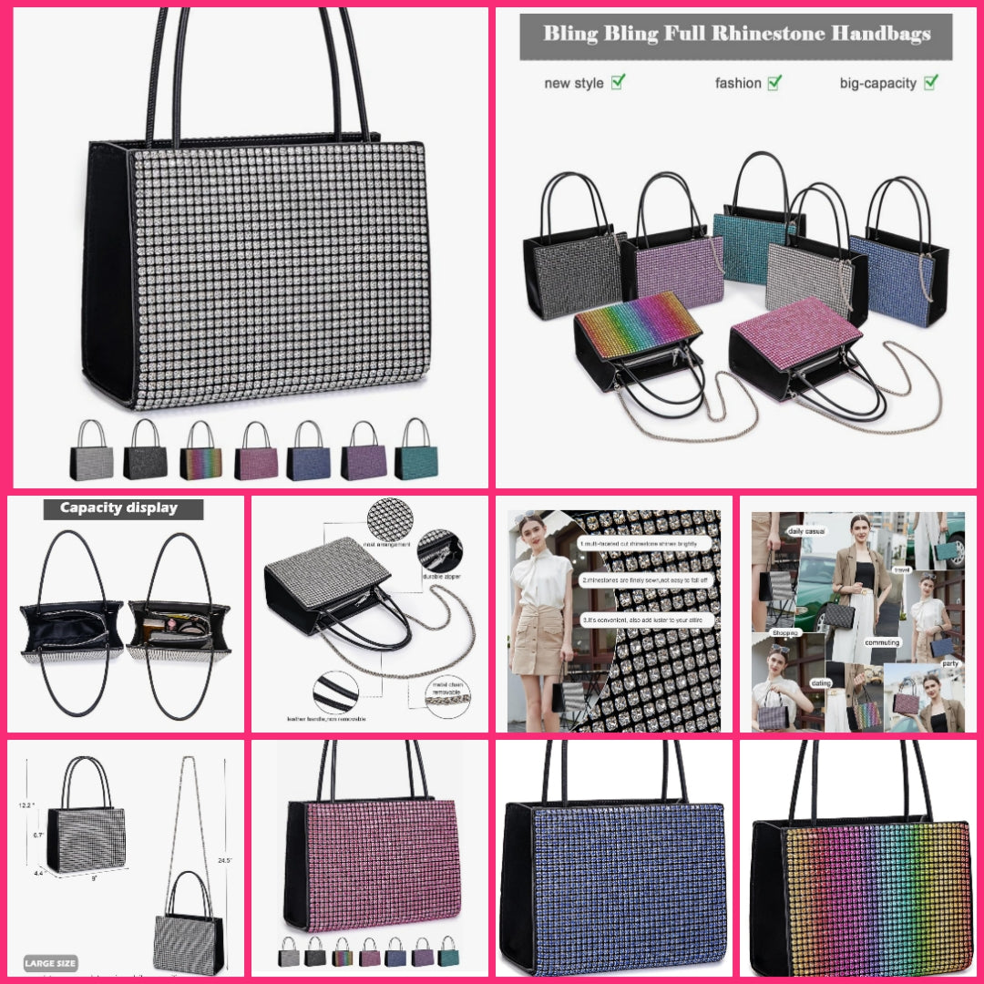 COCOMONEY High Quality Rhinestones and Leather Womens Tote Top Handle Purse Shoulder Satchel Bags Sparkly Rhinestone Evening Clutch Purse Formal Handbag
